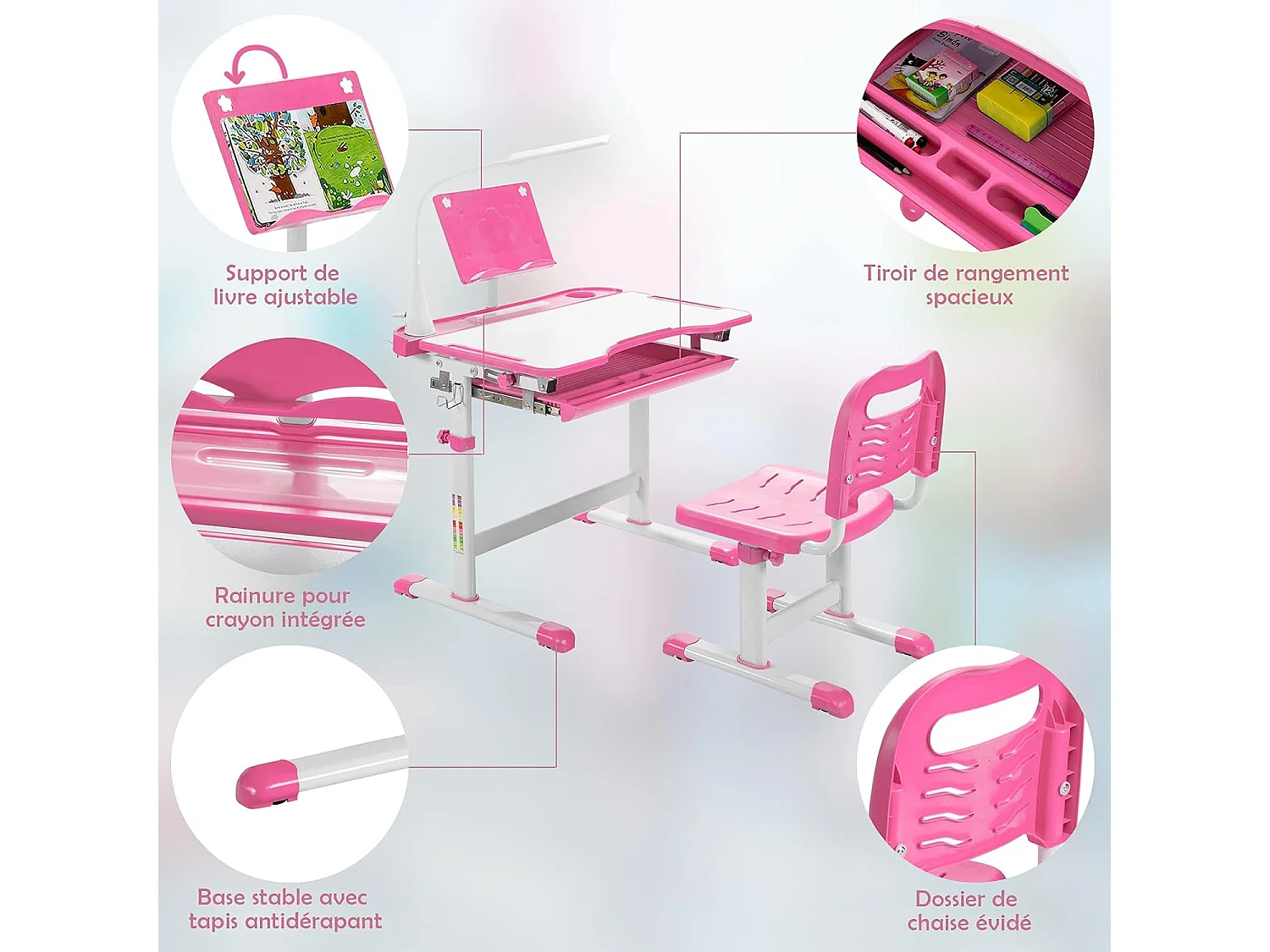 Bureau enfants avec chaise, réglable en hauteur, éclairage led, plateau et tiroir, rose
