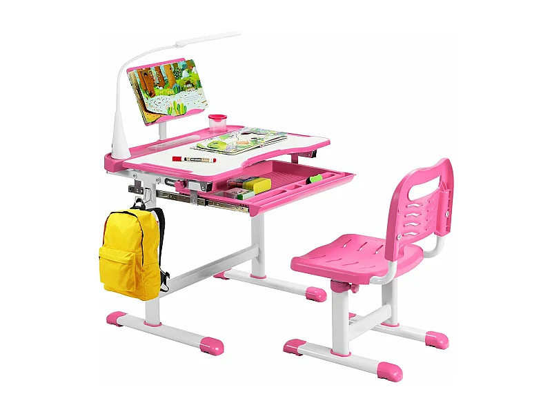 Bureau enfants avec chaise, réglable en hauteur, éclairage led, plateau et tiroir, rose