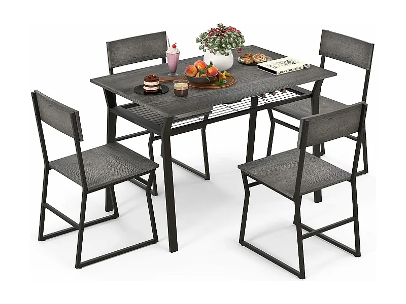Table à Manger avec 4 Chaises, Cadre en Métal Noir, Table de Cuisine avec Étagère Rectangulaire avec 4 Chaises, 110x70 cm (Gris)