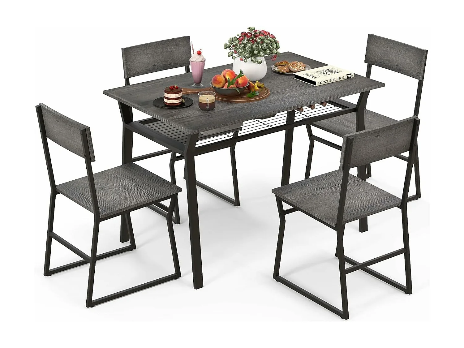 Table à Manger avec 4 Chaises, Cadre en Métal Noir, Table de Cuisine avec Étagère Rectangulaire avec 4 Chaises, 110x70 cm (Gris)