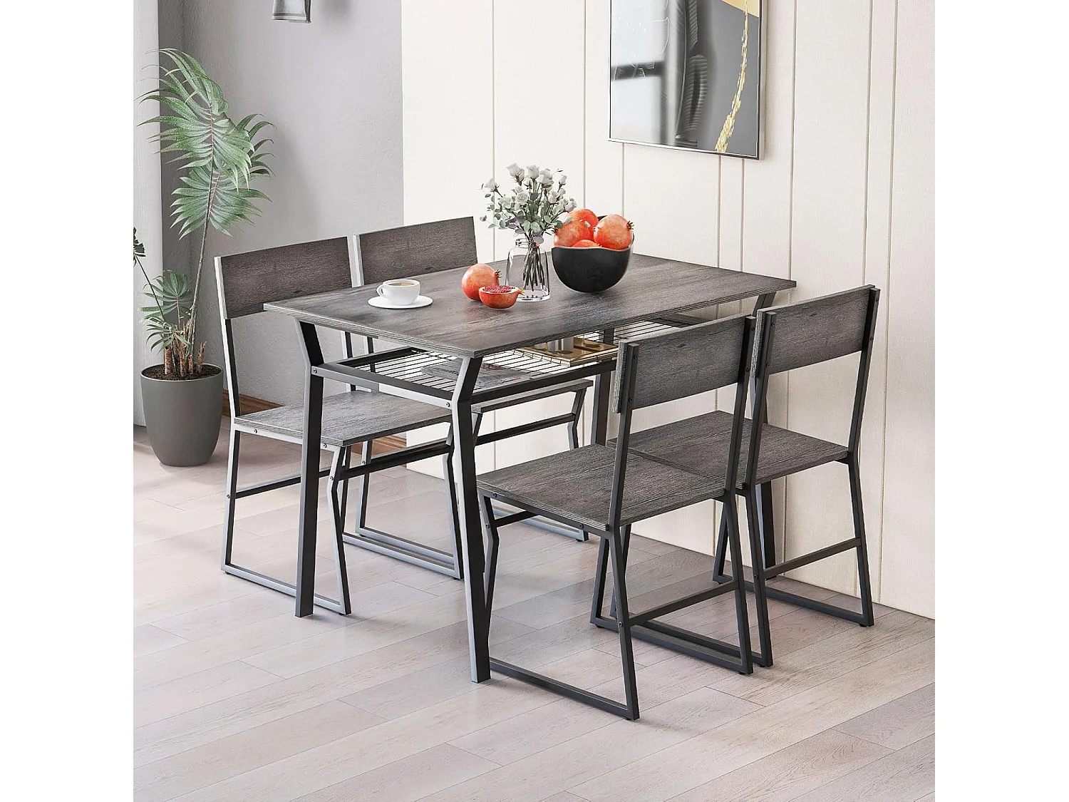 Table à Manger avec 4 Chaises, Cadre en Métal Noir, Table de Cuisine avec Étagère Rectangulaire avec 4 Chaises, 110x70 cm (Gris)
