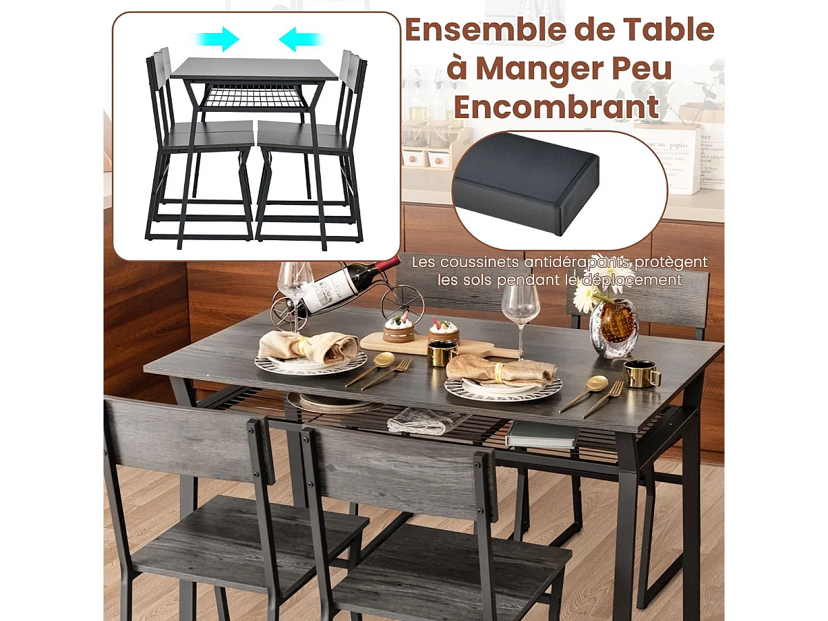 Table à Manger avec 4 Chaises, Cadre en Métal Noir, Table de Cuisine avec Étagère Rectangulaire avec 4 Chaises, 110x70 cm (Gris)