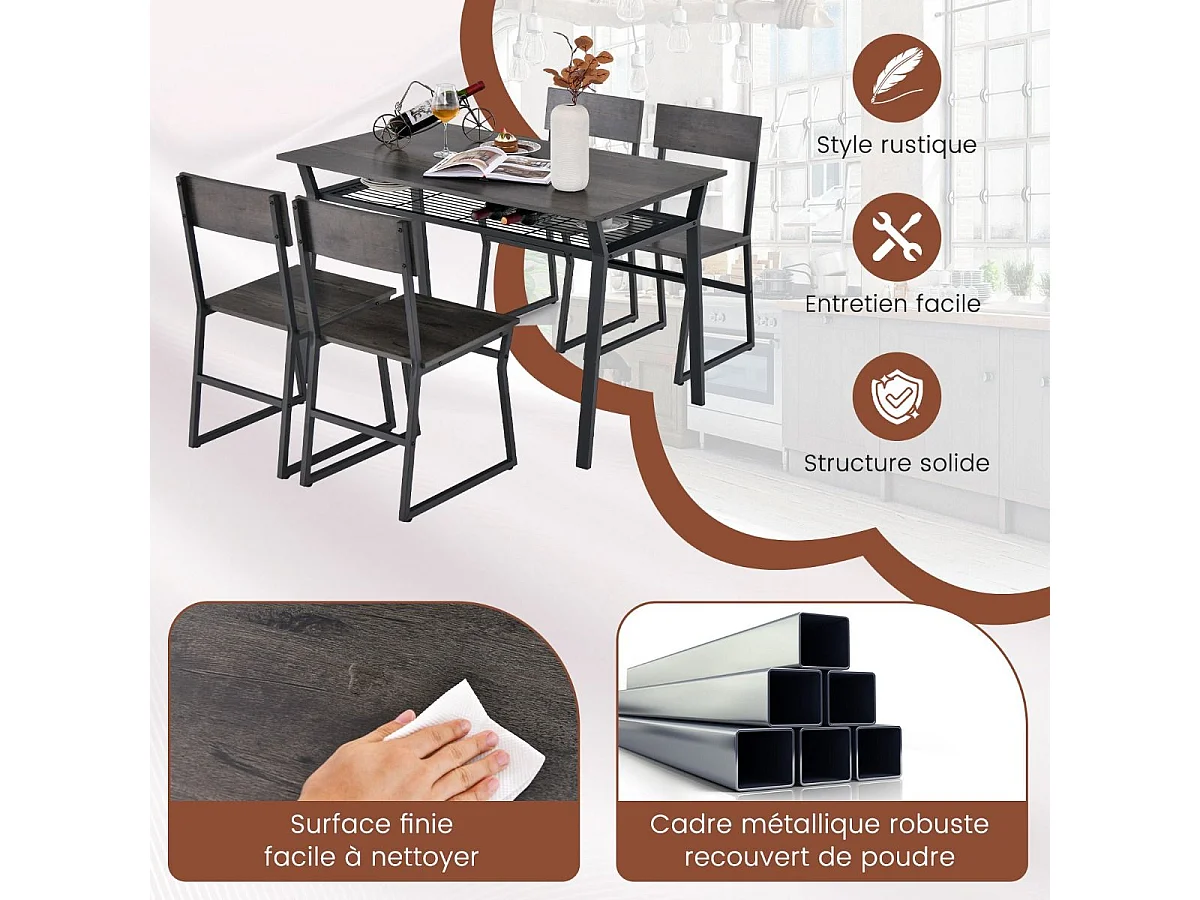 Table à Manger avec 4 Chaises, Cadre en Métal Noir, Table de Cuisine avec Étagère Rectangulaire avec 4 Chaises, 110x70 cm (Gris)