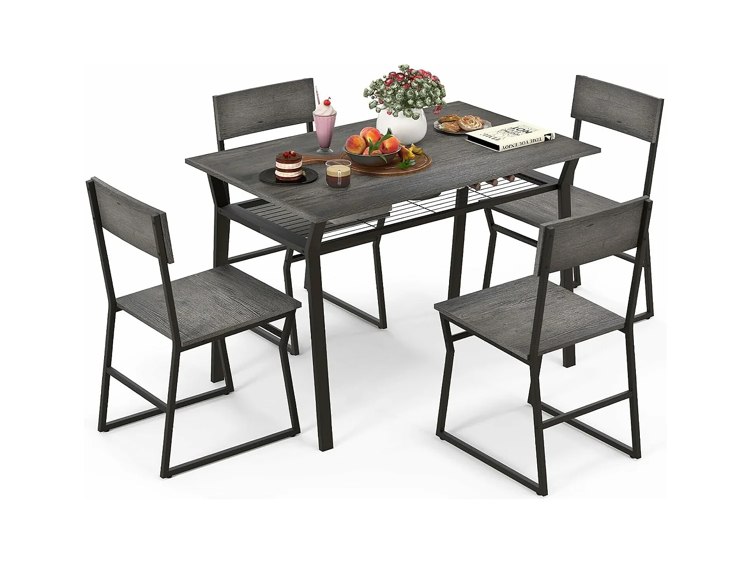 Eettafel met 4 stoelen, zwart metalen frame, industriële rechthoekige plank Keukentafel met 4 stoelen, 110x70 cm (grijs)