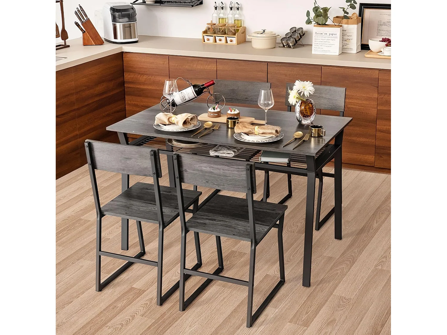 Table à Manger avec 4 Chaises, Cadre en Métal Noir, Table de Cuisine avec Étagère Rectangulaire avec 4 Chaises, 110x70 cm (Gris)