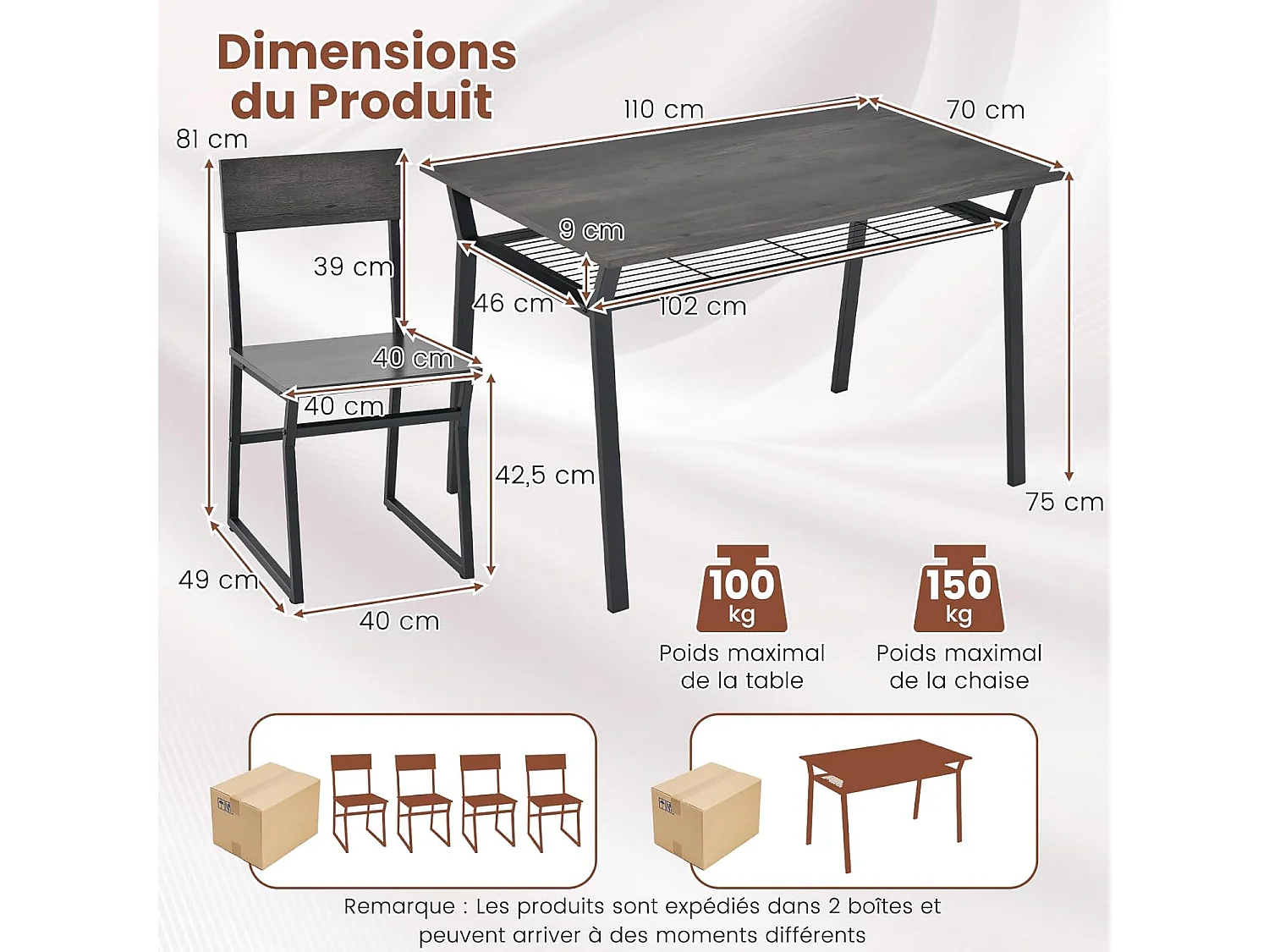 Table à Manger avec 4 Chaises, Cadre en Métal Noir, Table de Cuisine avec Étagère Rectangulaire avec 4 Chaises, 110x70 cm (Gris)