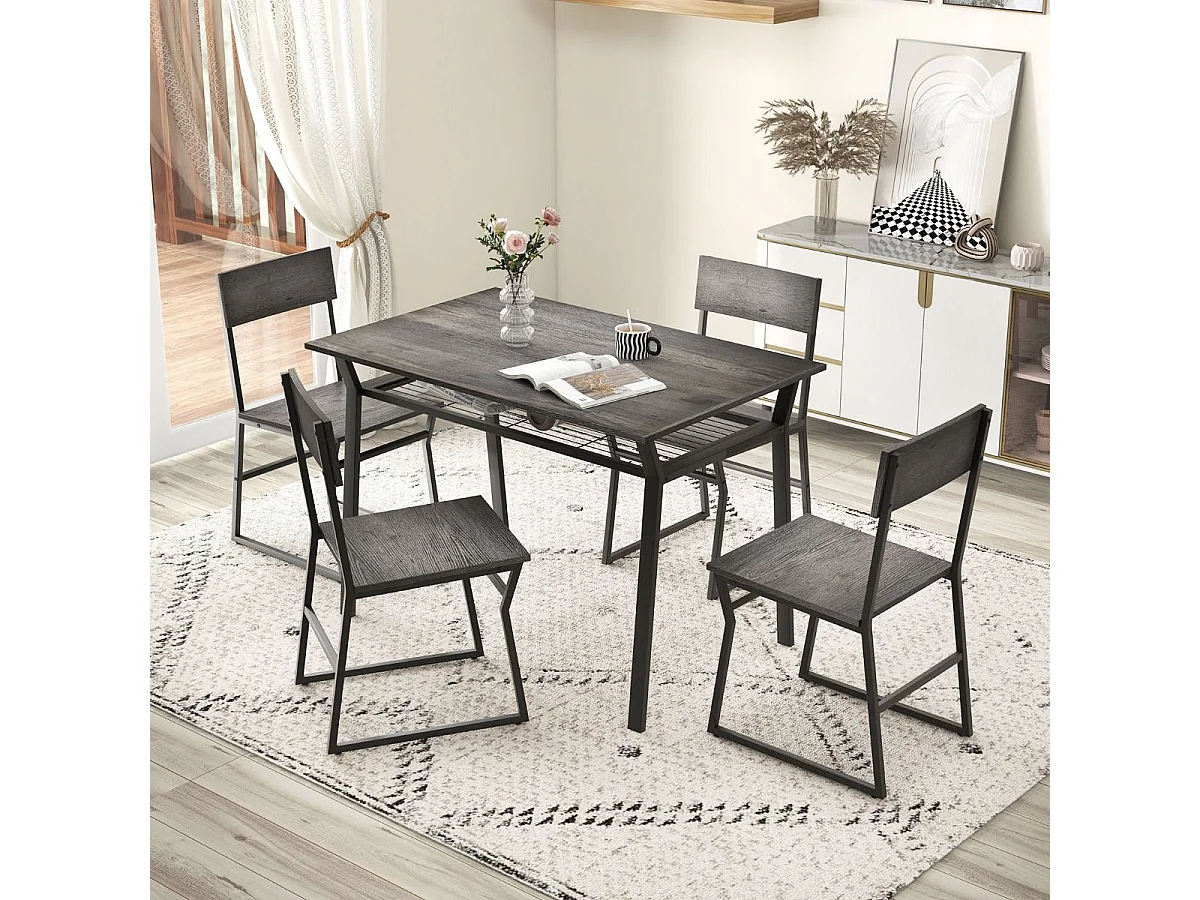 Table à Manger avec 4 Chaises, Cadre en Métal Noir, Table de Cuisine avec Étagère Rectangulaire avec 4 Chaises, 110x70 cm (Gris)
