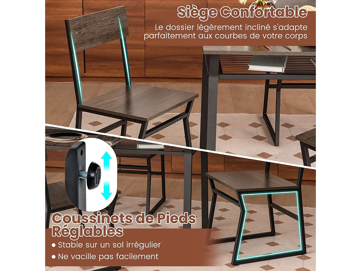 Eettafel met 4 stoelen, zwart metalen frame, industriële rechthoekige plank Keukentafel met 4 stoelen, 110x70 cm (grijs)