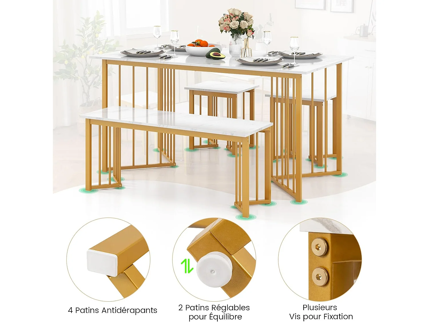 Ensemble table et chaise salle a manger 1 banc et 2 tabourets, Table de Cuisine 4 Personnes, Effet Marbre, Table Cuisine Petit Espace en Forme d'Aile