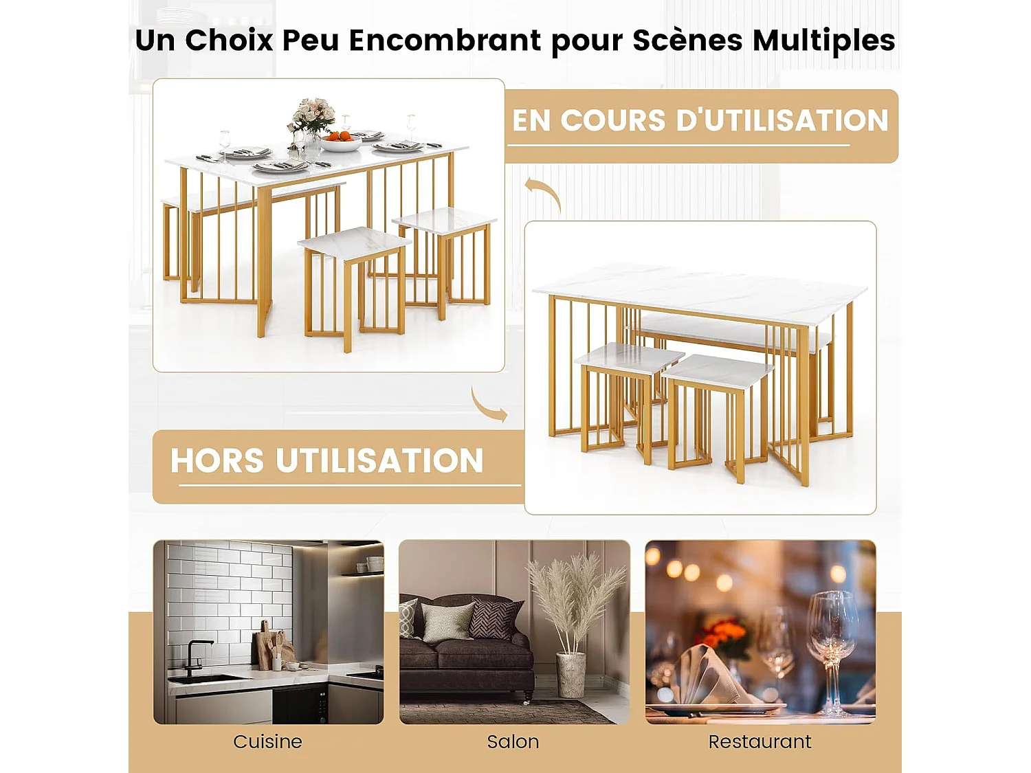 Ensemble table et chaise salle a manger 1 banc et 2 tabourets, Table de Cuisine 4 Personnes, Effet Marbre, Table Cuisine Petit Espace en Forme d'Aile