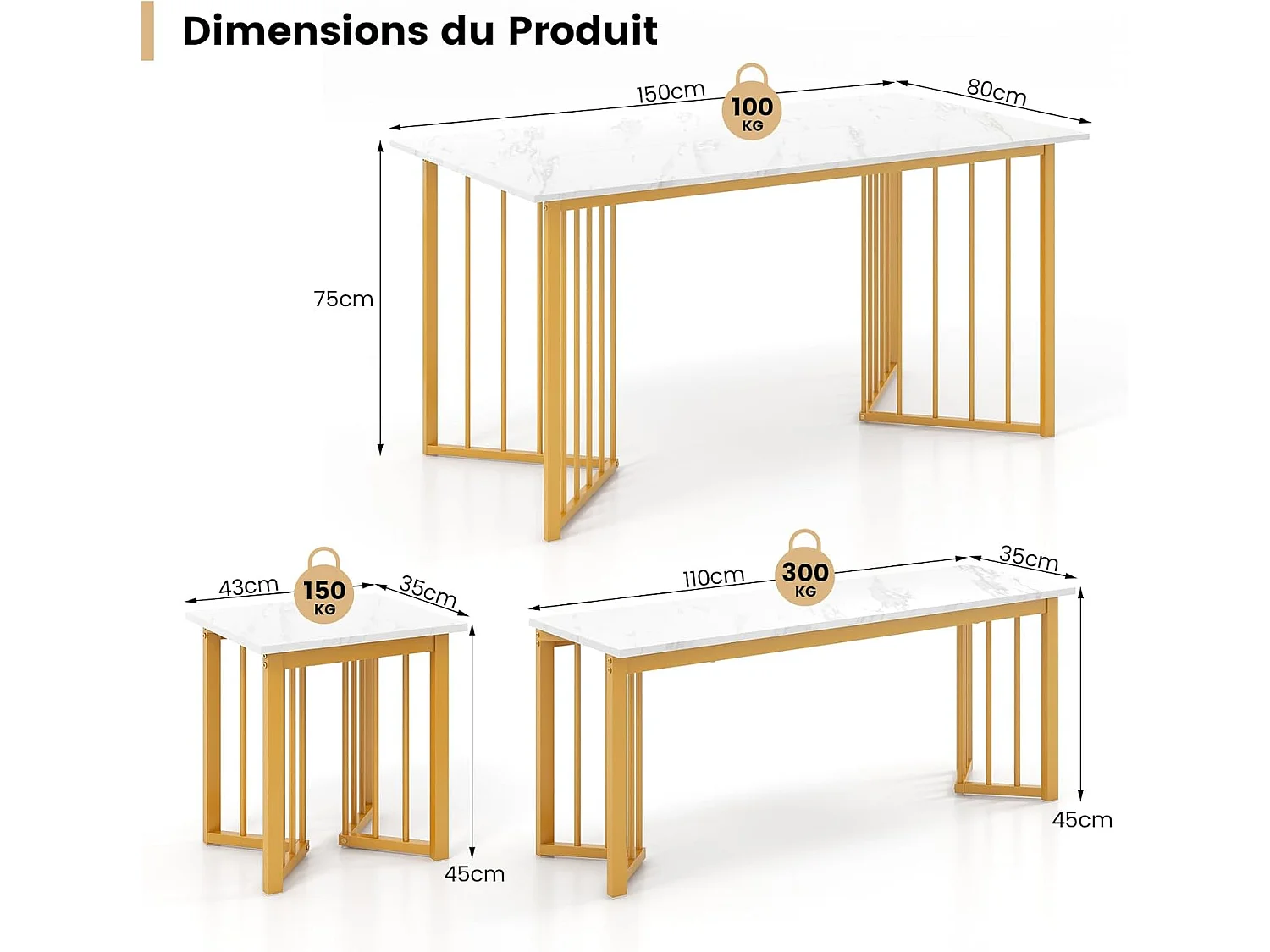 Ensemble table et chaise salle a manger 1 banc et 2 tabourets, Table de Cuisine 4 Personnes, Effet Marbre, Table Cuisine Petit Espace en Forme d'Aile