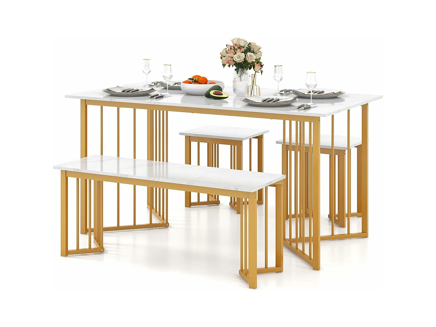 Eetkamertafel en stoelenset 1 bank en 2 krukken, 4-persoons keukentafel, marmereffect, vleugelvormige kleine keukentafel