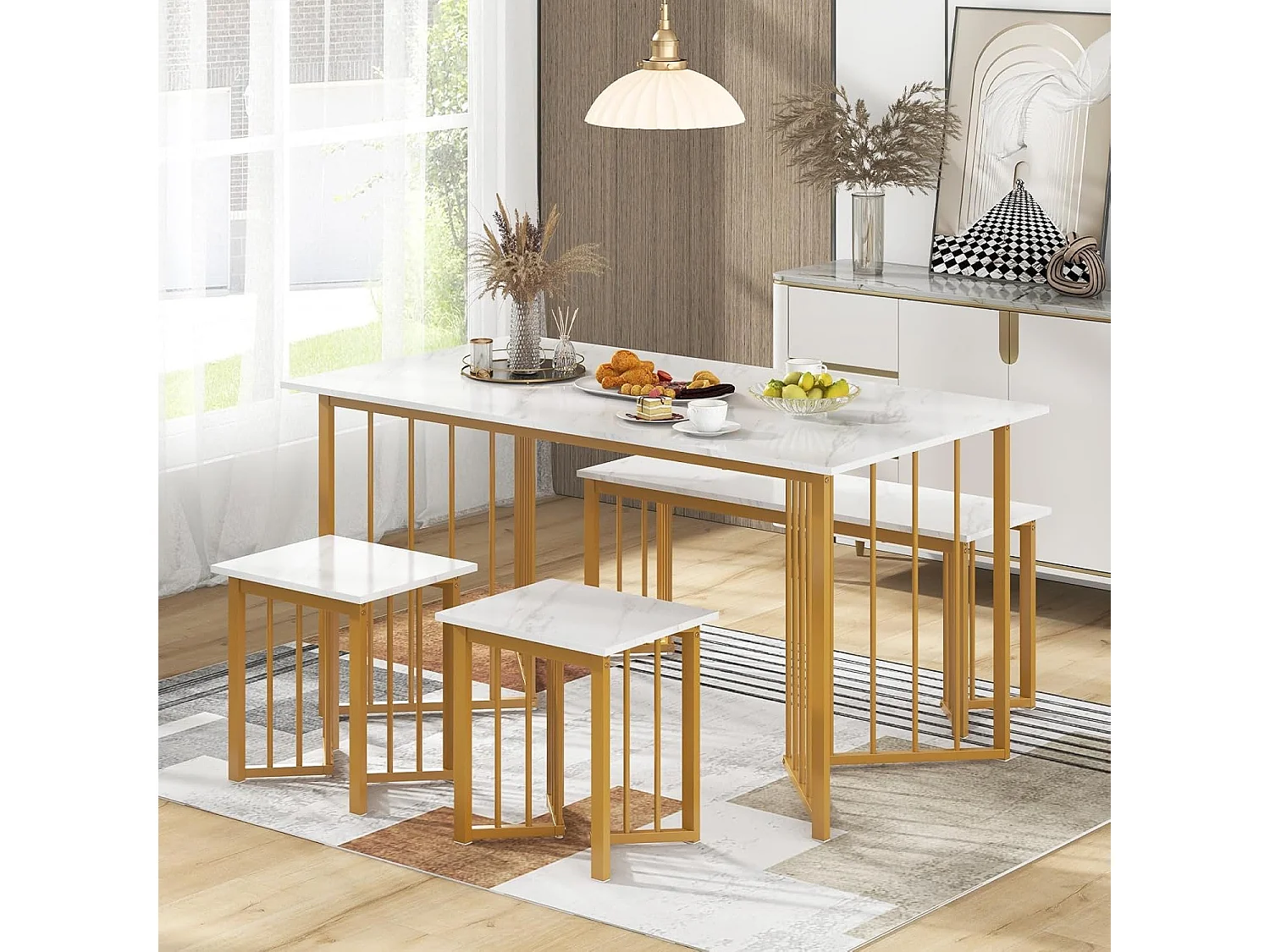 Ensemble table et chaise salle a manger 1 banc et 2 tabourets, Table de Cuisine 4 Personnes, Effet Marbre, Table Cuisine Petit Espace en Forme d'Aile