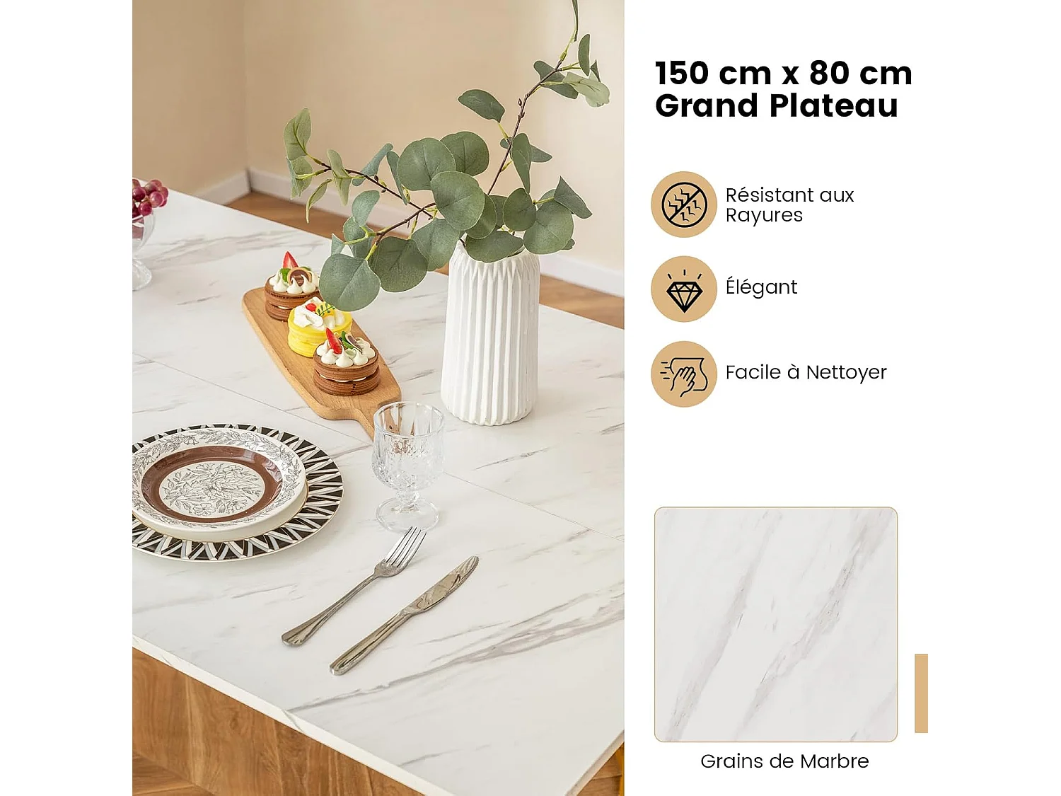 Ensemble table et chaise salle a manger 1 banc et 2 tabourets, Table de Cuisine 4 Personnes, Effet Marbre, Table Cuisine Petit Espace en Forme d'Aile