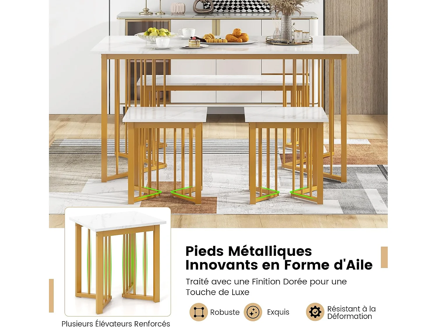 Ensemble table et chaise salle a manger 1 banc et 2 tabourets, Table de Cuisine 4 Personnes, Effet Marbre, Table Cuisine Petit Espace en Forme d'Aile