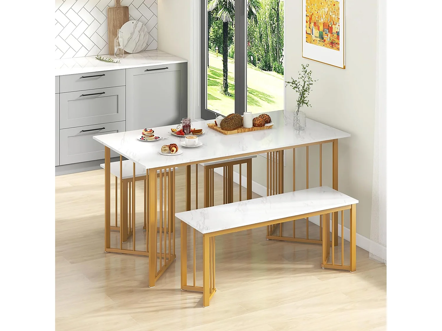 Ensemble table et chaise salle a manger 1 banc et 2 tabourets, Table de Cuisine 4 Personnes, Effet Marbre, Table Cuisine Petit Espace en Forme d'Aile