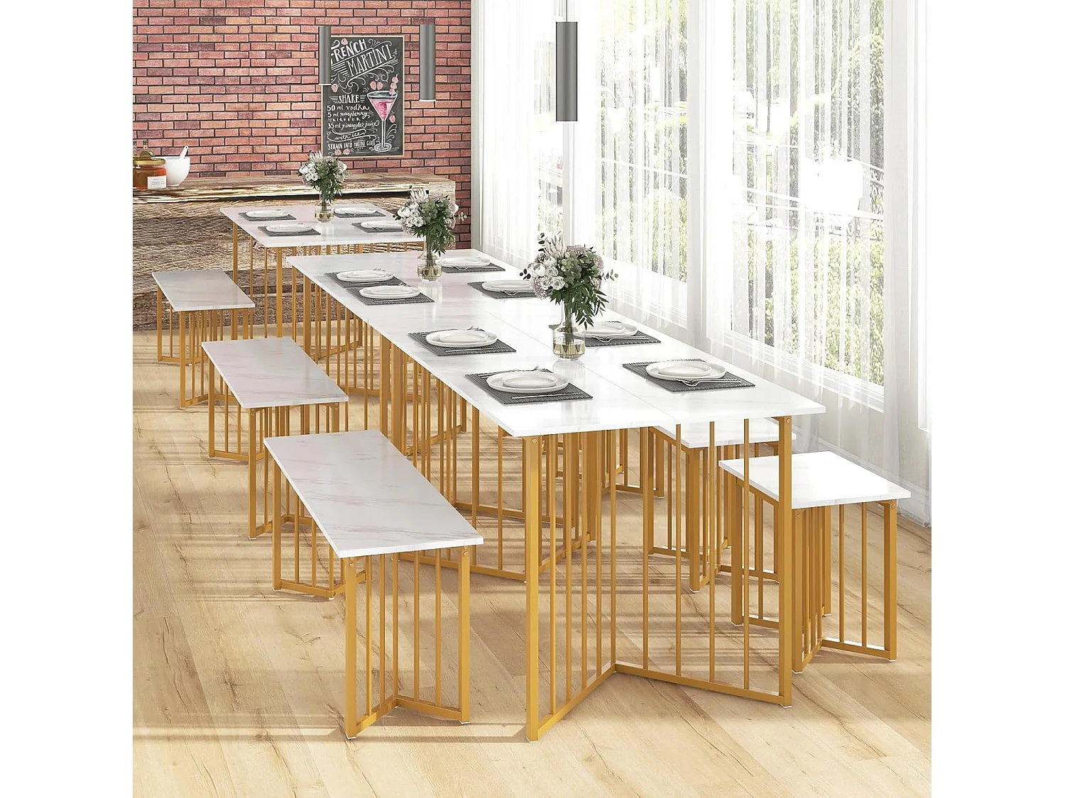 Ensemble table et chaise salle a manger 1 banc et 2 tabourets, Table de Cuisine 4 Personnes, Effet Marbre, Table Cuisine Petit Espace en Forme d'Aile