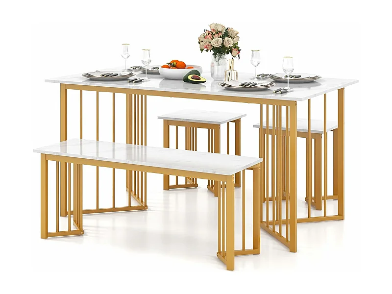 Ensemble table et chaise salle a manger 1 banc et 2 tabourets, Table de Cuisine 4 Personnes, Effet Marbre, Table Cuisine Petit Espace en Forme d'Aile