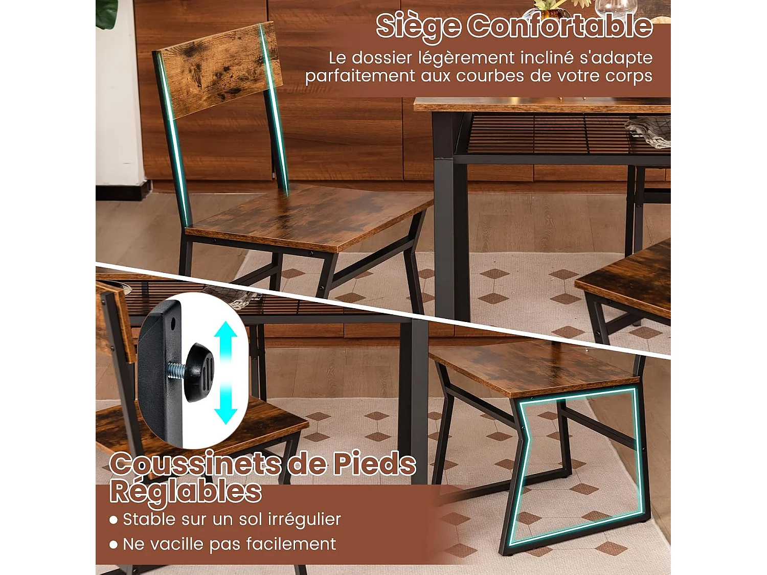 Eettafel met 4 stoelen, tafel en 4 stoelenset, zwart metalen frame, rechthoekige keukentafel 110x70cm met plank voor eetkamer, keuken, woonkamer (rustiek bruin)