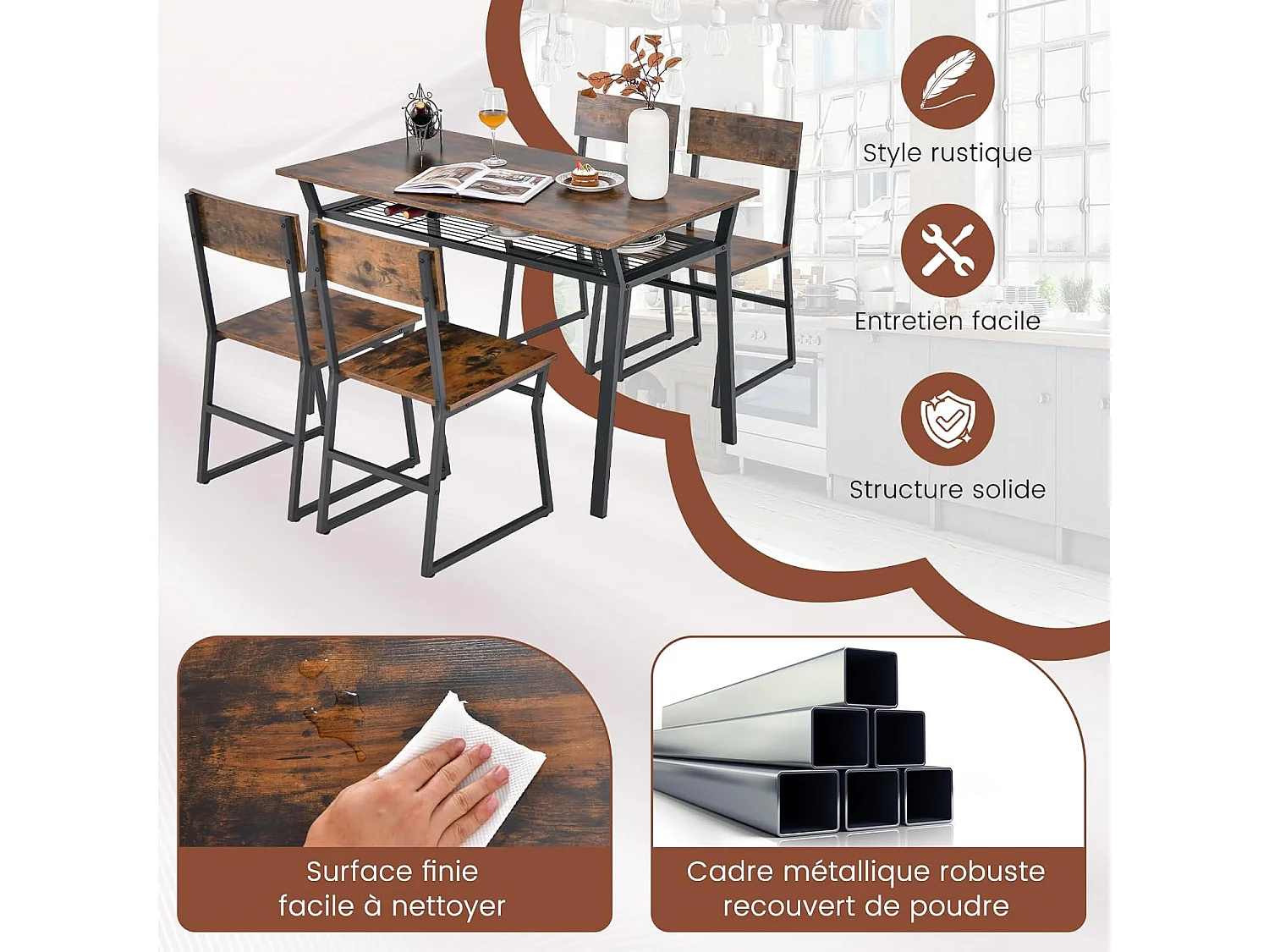 Eettafel met 4 stoelen, tafel en 4 stoelenset, zwart metalen frame, rechthoekige keukentafel 110x70cm met plank voor eetkamer, keuken, woonkamer (rustiek bruin)