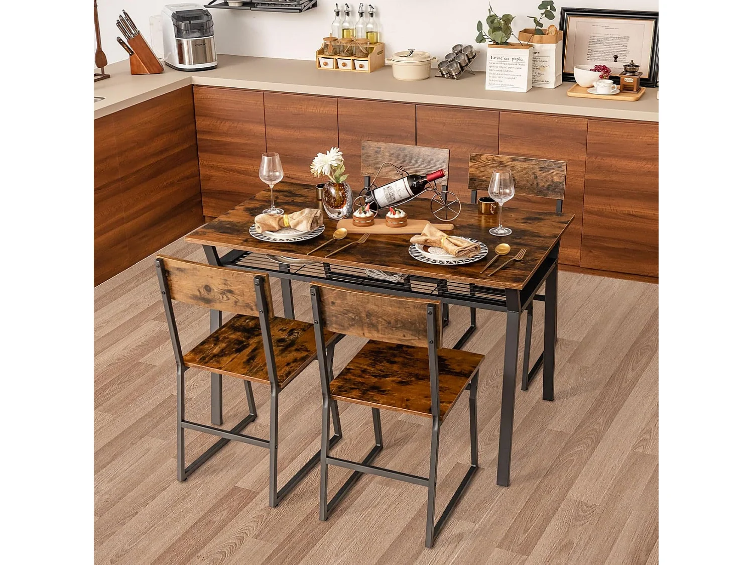 Eettafel met 4 stoelen, tafel en 4 stoelenset, zwart metalen frame, rechthoekige keukentafel 110x70cm met plank voor eetkamer, keuken, woonkamer (rustiek bruin)