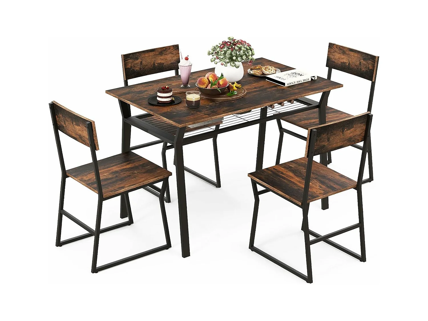 Table à Manger avec 4 Chaises, Ensemble Table et 4 Chaises, Cadre en Métal Noir, Table Cuisine Rectangulaire 110x70cm avec Étagère pour Salle à Manger, Cuisine, Salon (Marron Rustique)