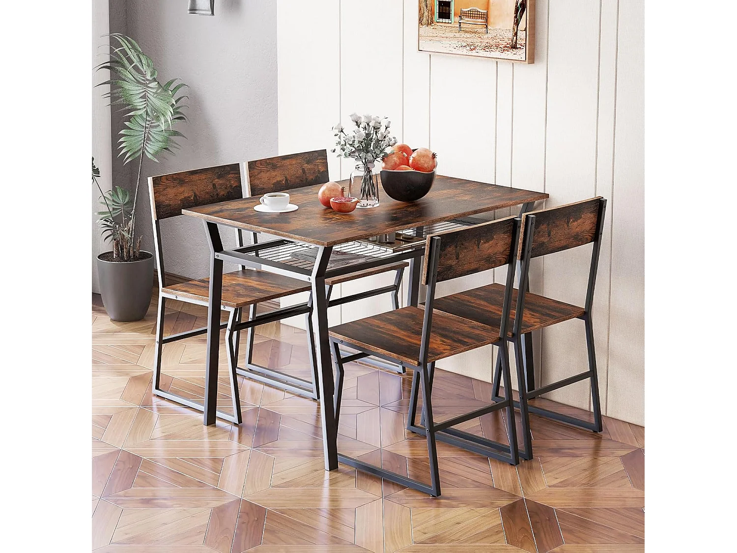 Table à Manger avec 4 Chaises, Ensemble Table et 4 Chaises, Cadre en Métal Noir, Table Cuisine Rectangulaire 110x70cm avec Étagère pour Salle à Manger, Cuisine, Salon (Marron Rustique)