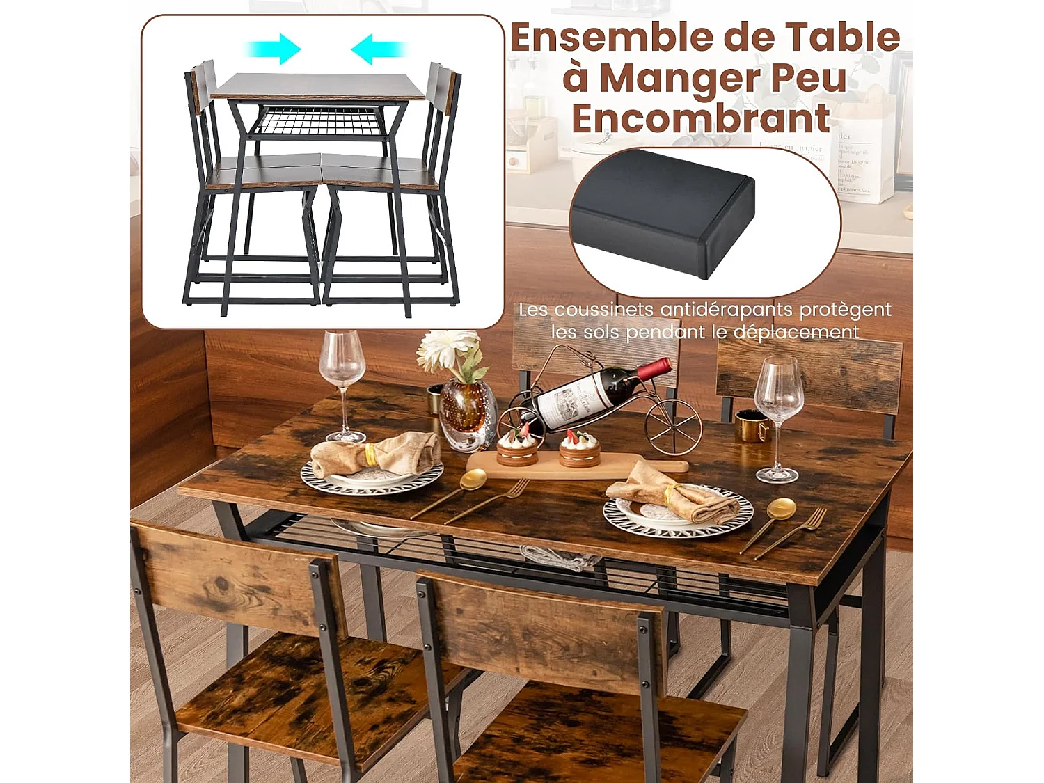 Table à Manger avec 4 Chaises, Ensemble Table et 4 Chaises, Cadre en Métal Noir, Table Cuisine Rectangulaire 110x70cm avec Étagère pour Salle à Manger, Cuisine, Salon (Marron Rustique)