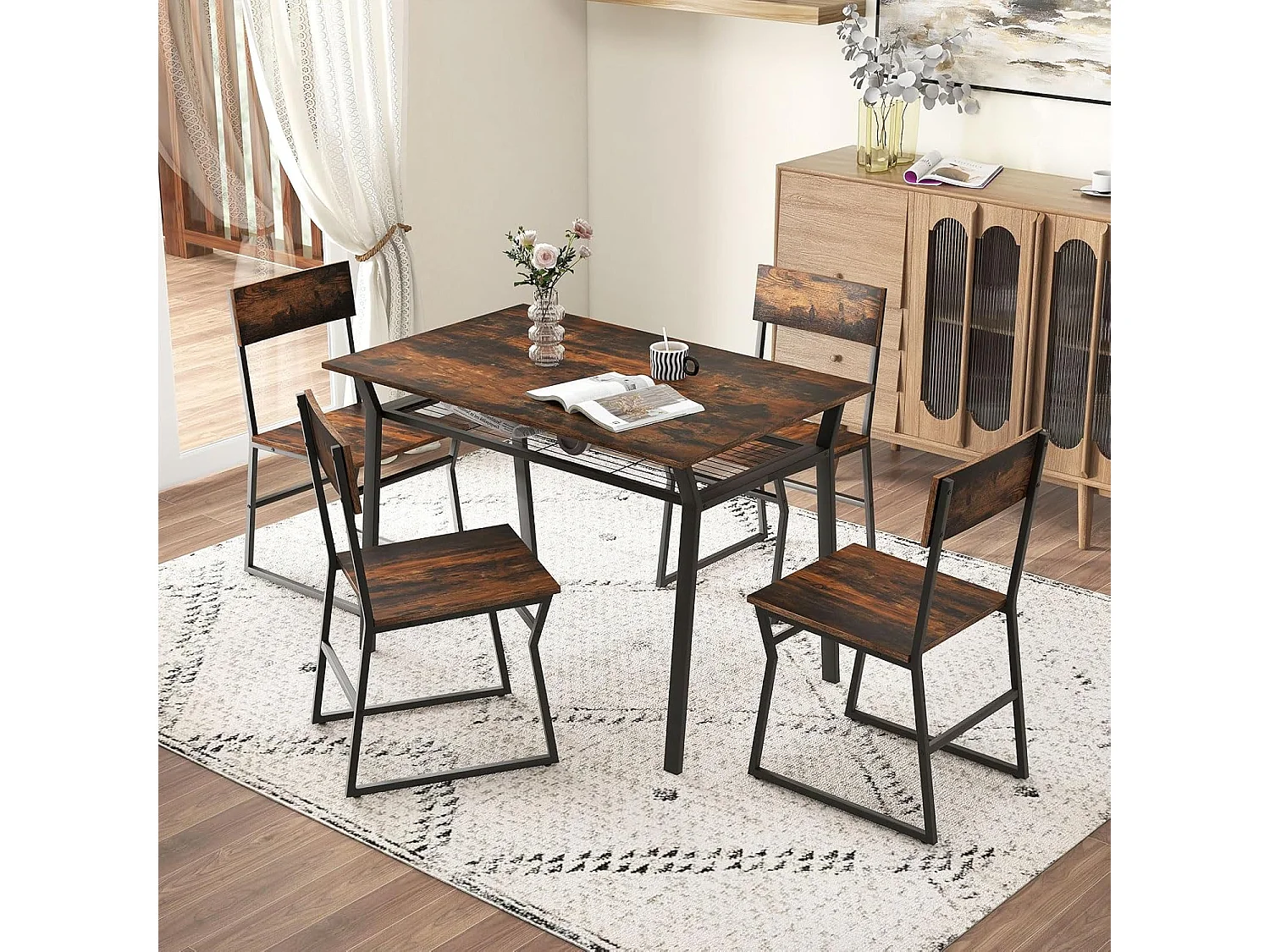 Table à Manger avec 4 Chaises, Ensemble Table et 4 Chaises, Cadre en Métal Noir, Table Cuisine Rectangulaire 110x70cm avec Étagère pour Salle à Manger, Cuisine, Salon (Marron Rustique)