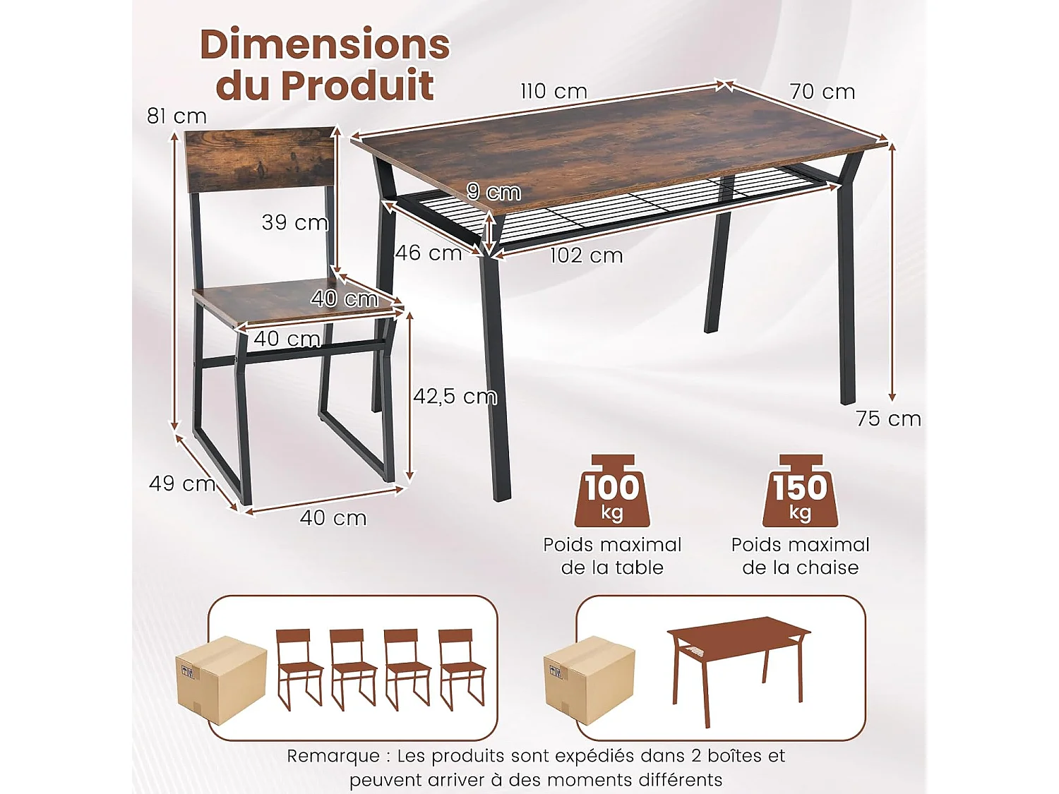 Table à Manger avec 4 Chaises, Ensemble Table et 4 Chaises, Cadre en Métal Noir, Table Cuisine Rectangulaire 110x70cm avec Étagère pour Salle à Manger, Cuisine, Salon (Marron Rustique)