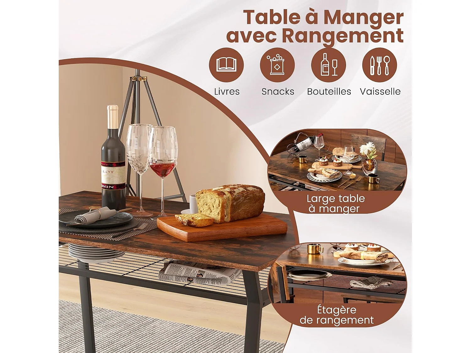 Table à Manger avec 4 Chaises, Ensemble Table et 4 Chaises, Cadre en Métal Noir, Table Cuisine Rectangulaire 110x70cm avec Étagère pour Salle à Manger, Cuisine, Salon (Marron Rustique)