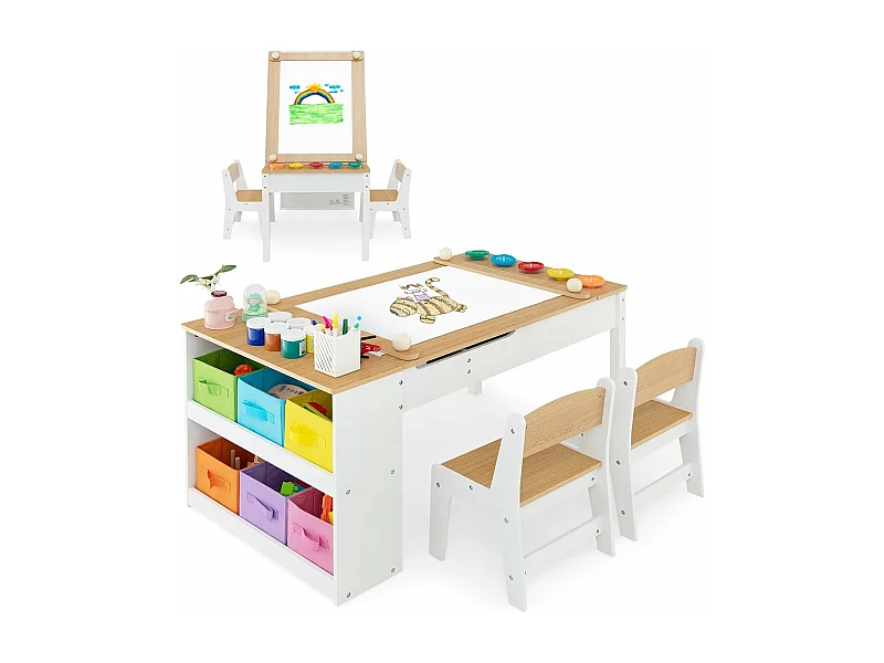 2 en 1 Table à Dessin et 2 Chaises avec Plateau Inclinable, Table d'Activité en Bois avec 6 Boîtes de Rangement Charge 91/75kg, Naturel