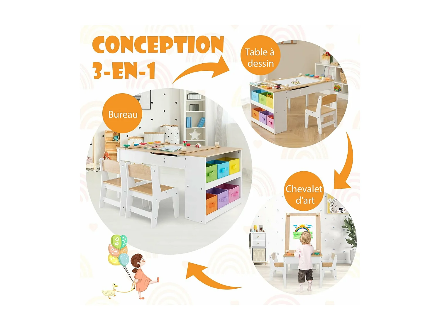 2 in 1 tekentafel en 2 stoelen met kantelbaar blad, houten activiteitentafel met 6 opbergdozen, belasting 91/75 kg, natuurlijk