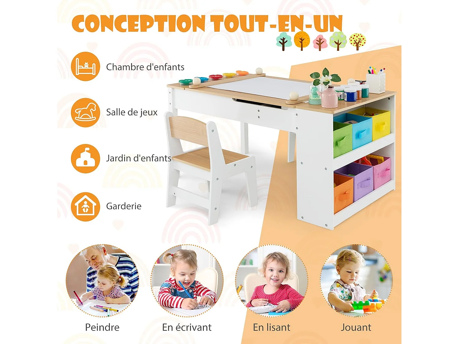 2 in 1 tekentafel en 2 stoelen met kantelbaar blad, houten activiteitentafel met 6 opbergdozen, belasting 91/75 kg, natuurlijk