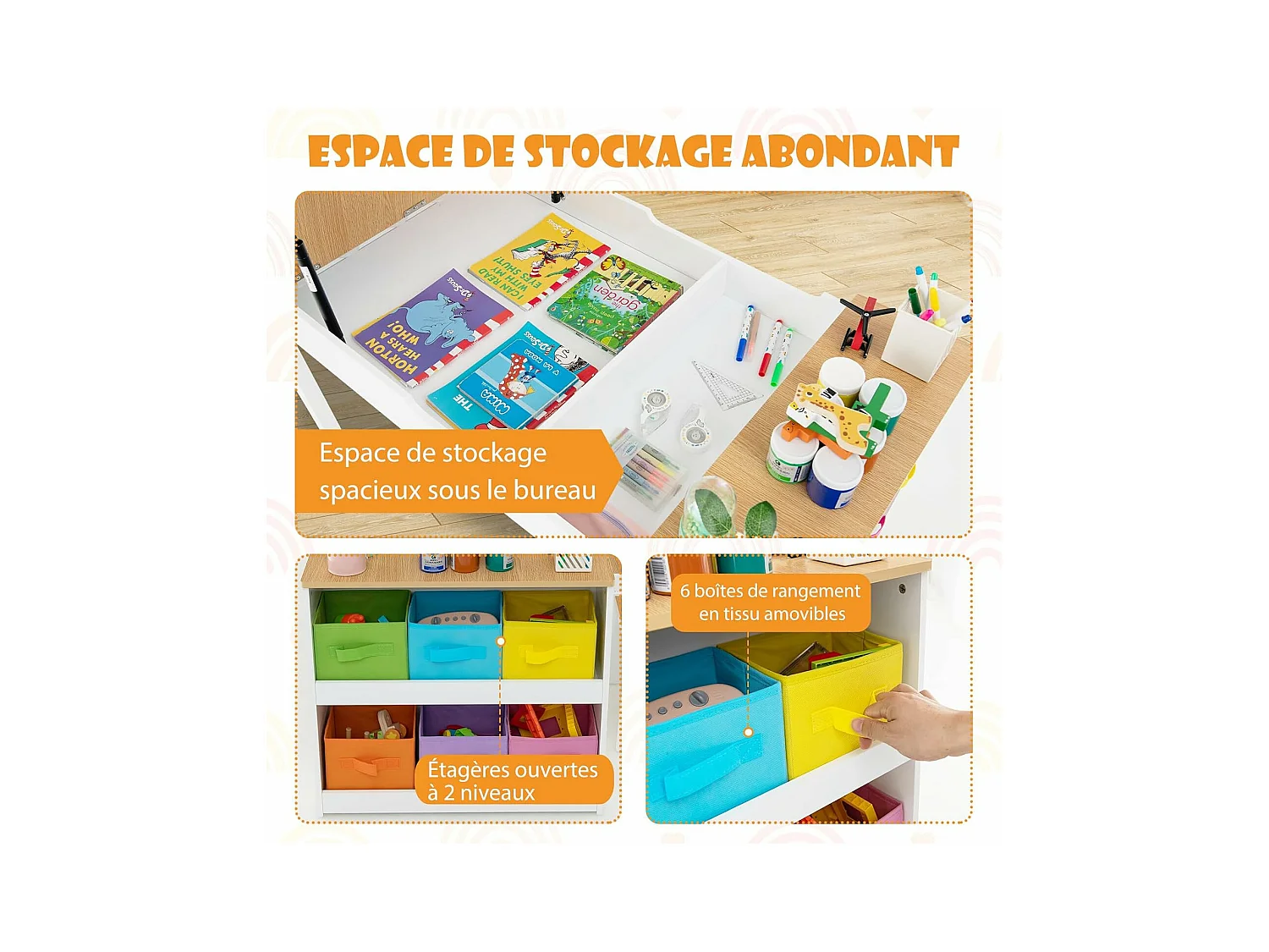 2 in 1 tekentafel en 2 stoelen met kantelbaar blad, houten activiteitentafel met 6 opbergdozen, belasting 91/75 kg, natuurlijk