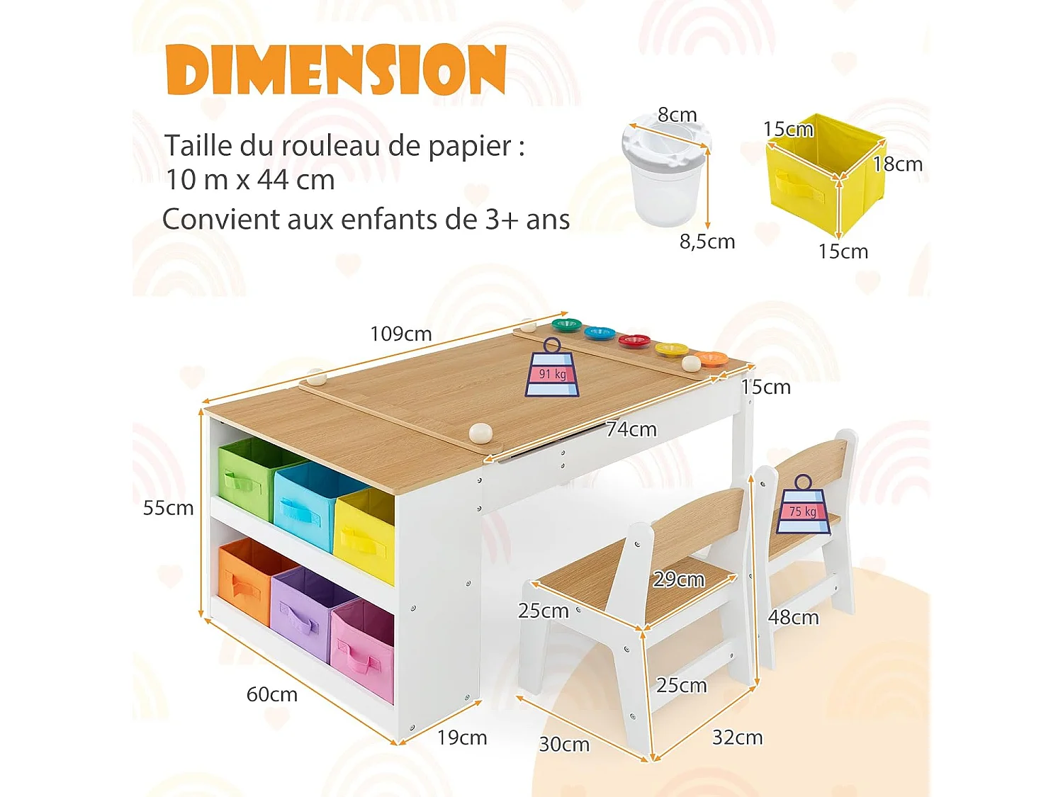 2 in 1 tekentafel en 2 stoelen met kantelbaar blad, houten activiteitentafel met 6 opbergdozen, belasting 91/75 kg, natuurlijk