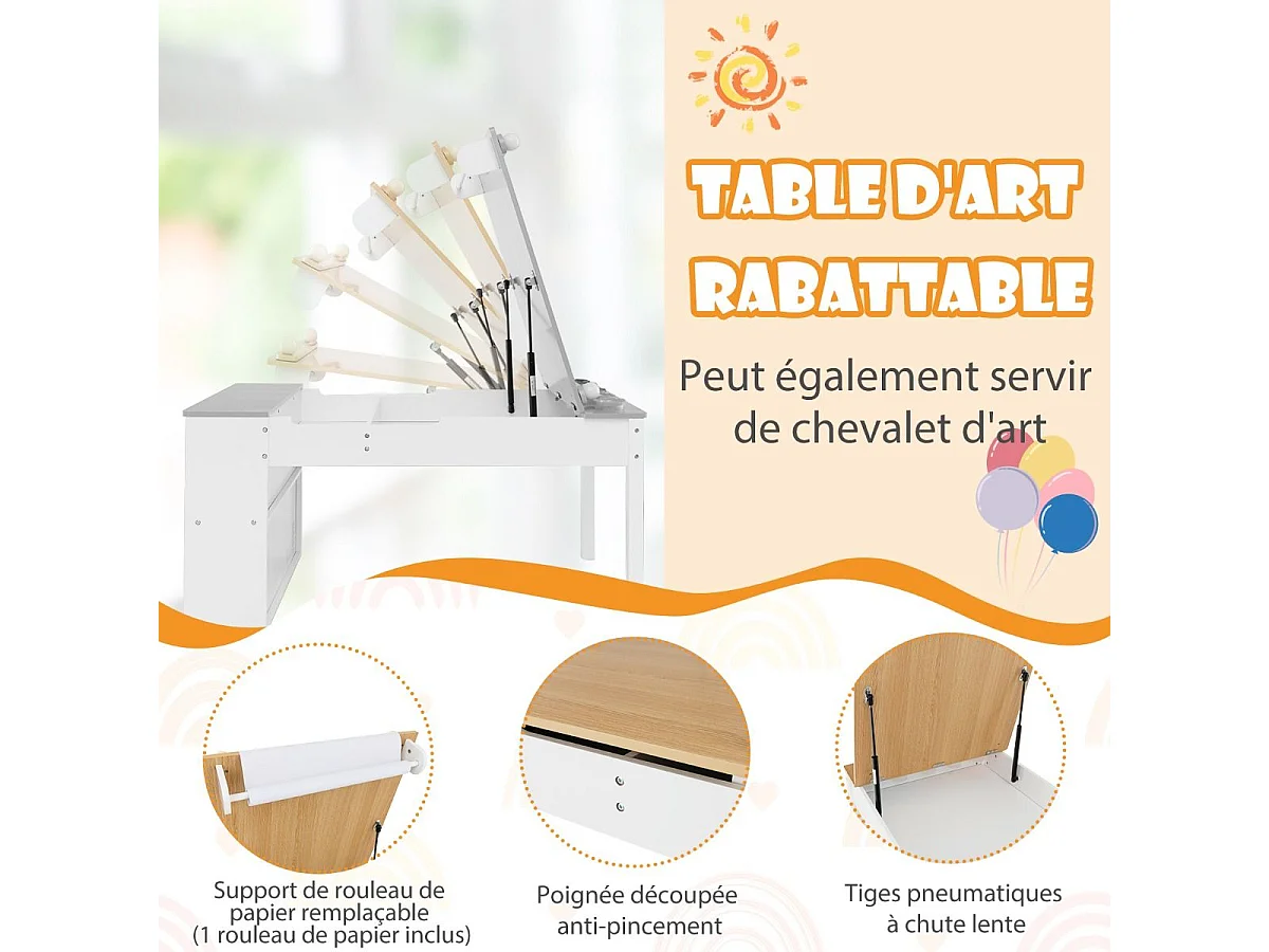 2 in 1 tekentafel en 2 stoelen met kantelbaar blad, houten activiteitentafel met 6 opbergdozen, belasting 91/75 kg, natuurlijk