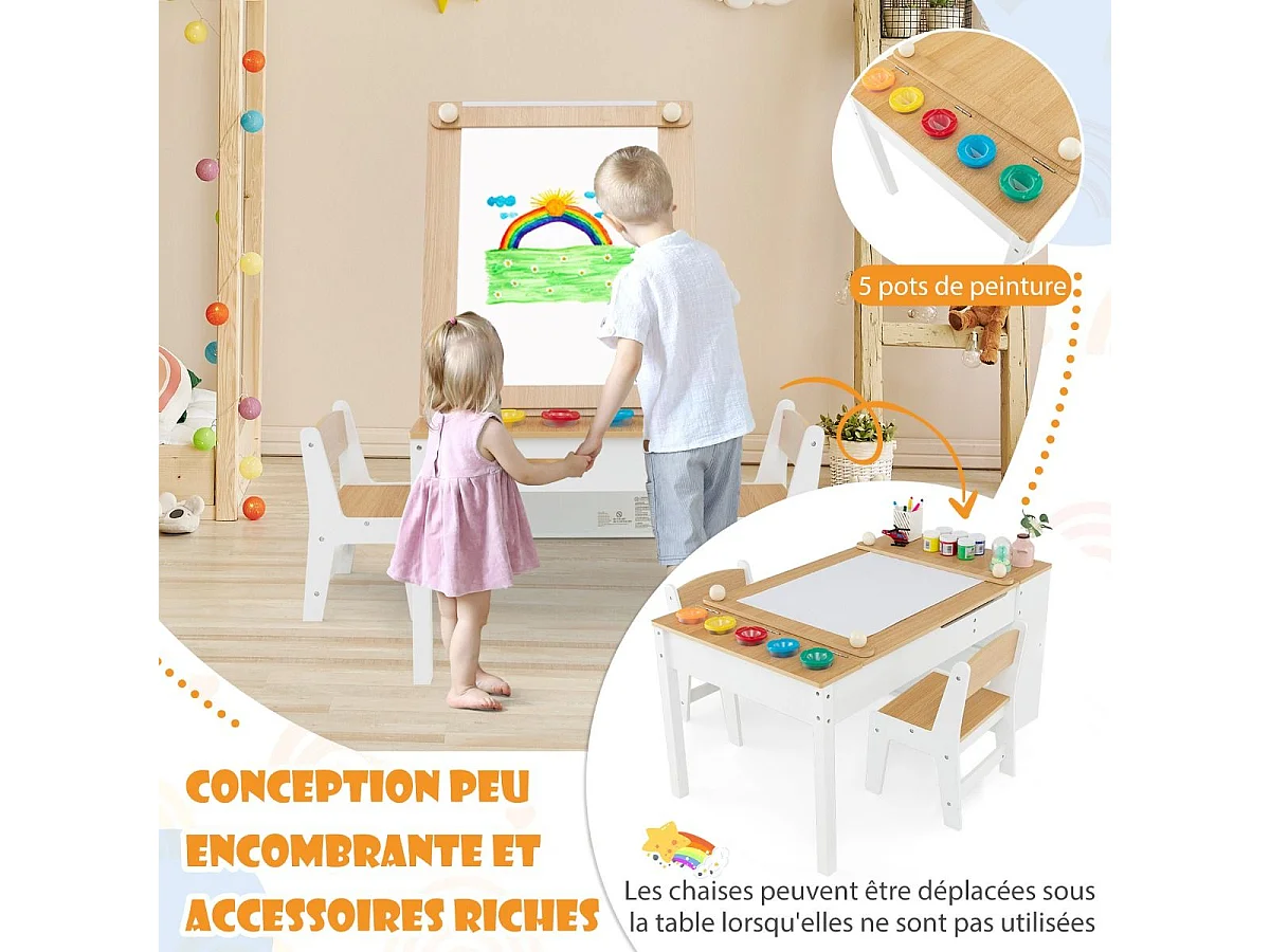 2 in 1 tekentafel en 2 stoelen met kantelbaar blad, houten activiteitentafel met 6 opbergdozen, belasting 91/75 kg, natuurlijk