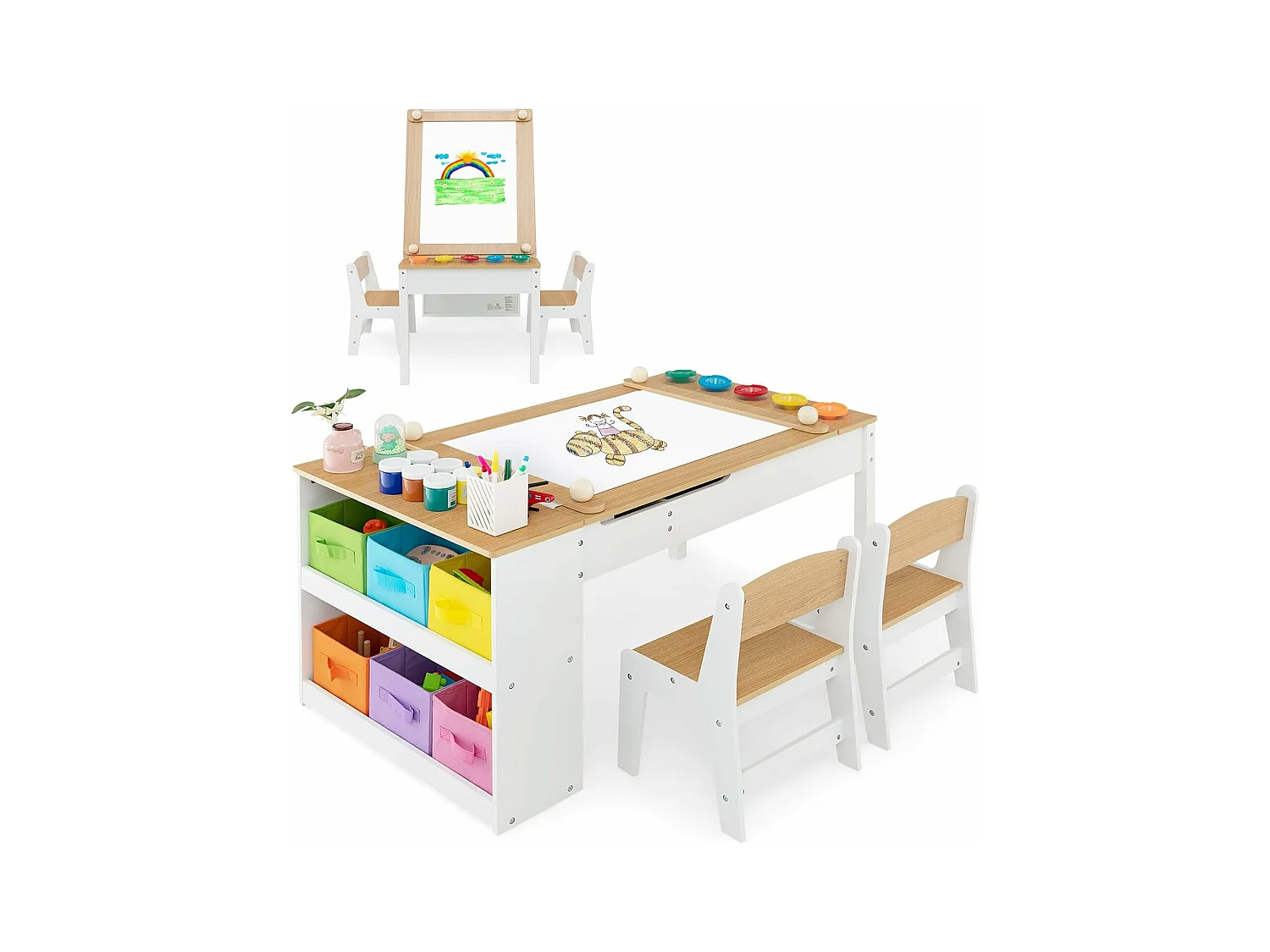 2 en 1 Table à Dessin et 2 Chaises avec Plateau Inclinable, Table d'Activité en Bois avec 6 Boîtes de Rangement Charge 91/75kg, Naturel