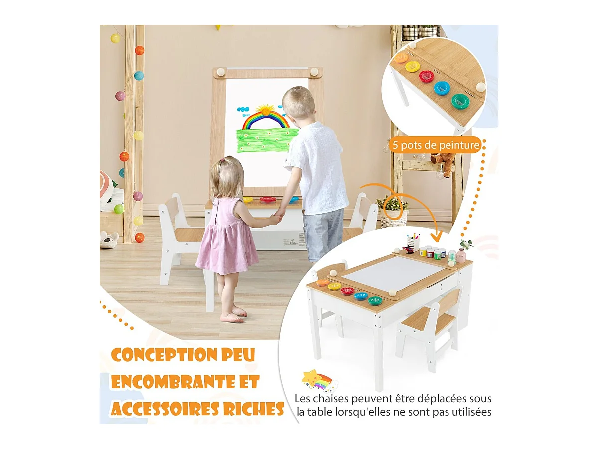 2 en 1 Table à Dessin et 2 Chaises avec Plateau Inclinable, Table d'Activité en Bois avec 6 Boîtes de Rangement Charge 91/75kg, Naturel