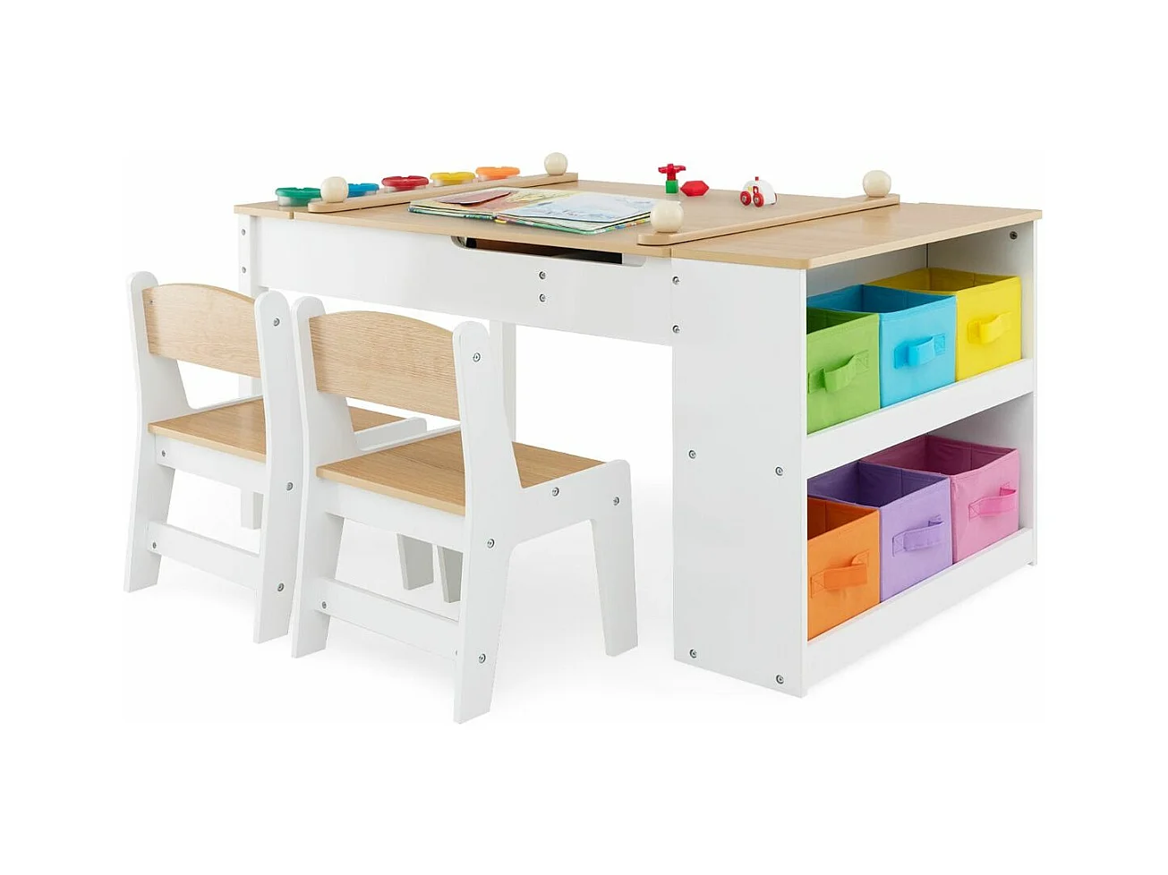 2 en 1 Table à Dessin et 2 Chaises avec Plateau Inclinable, Table d'Activité en Bois avec 6 Boîtes de Rangement Charge 91/75kg, Naturel