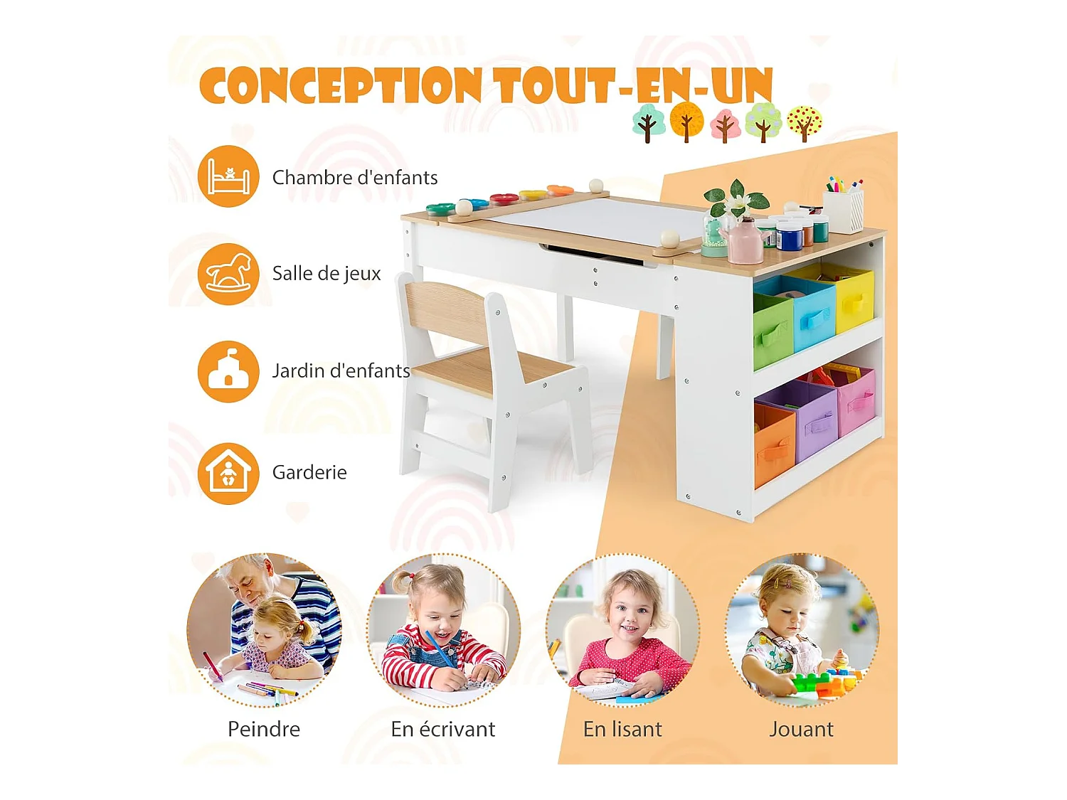 2 en 1 Table à Dessin et 2 Chaises avec Plateau Inclinable, Table d'Activité en Bois avec 6 Boîtes de Rangement Charge 91/75kg, Naturel
