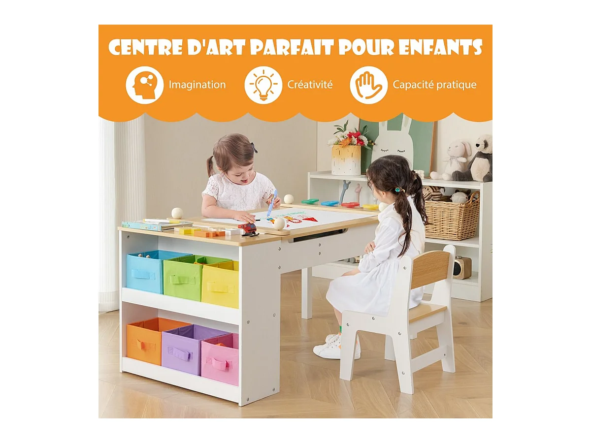 2 en 1 Table à Dessin et 2 Chaises avec Plateau Inclinable, Table d'Activité en Bois avec 6 Boîtes de Rangement Charge 91/75kg, Naturel