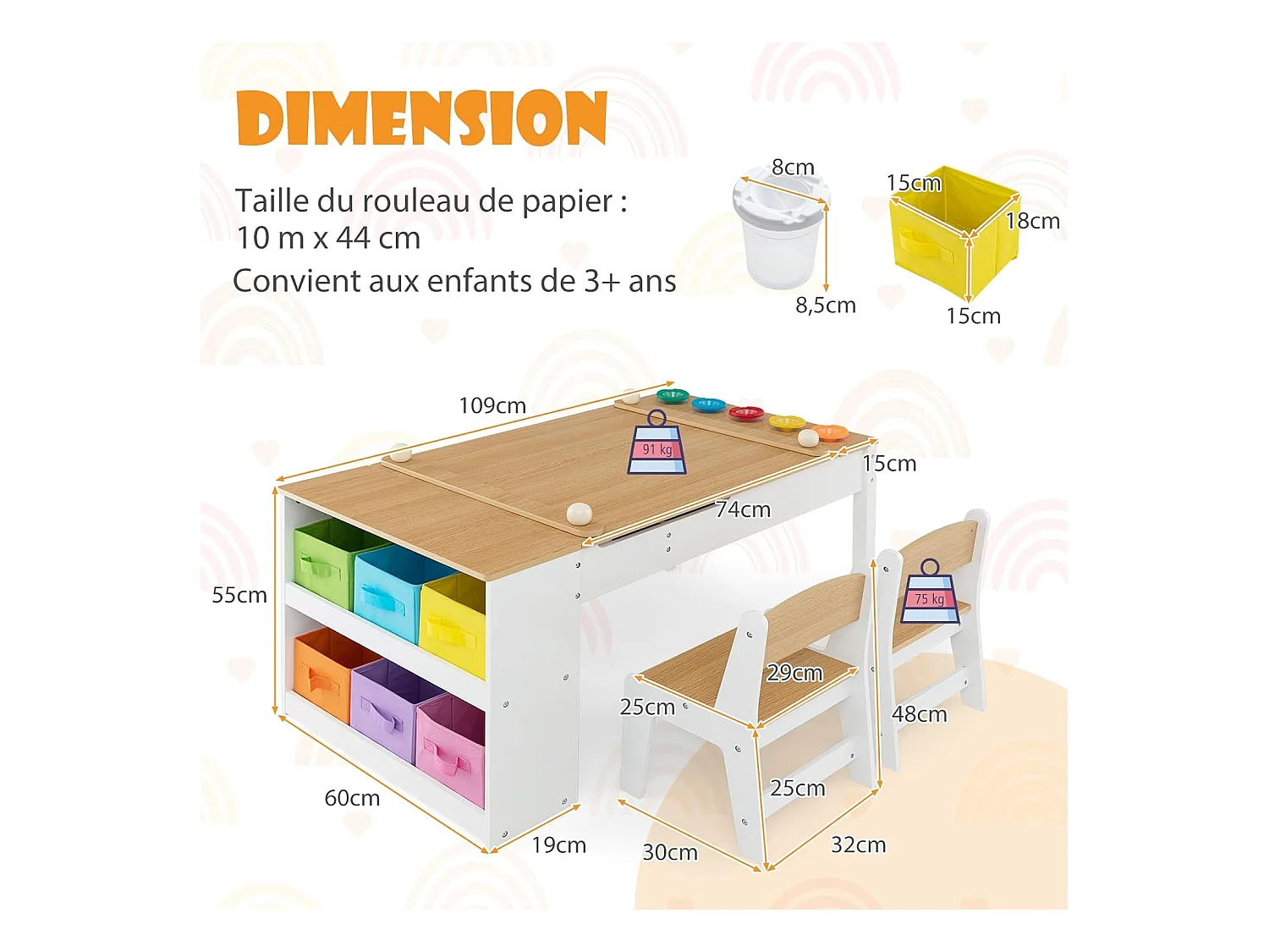 2 en 1 Table à Dessin et 2 Chaises avec Plateau Inclinable, Table d'Activité en Bois avec 6 Boîtes de Rangement Charge 91/75kg, Naturel