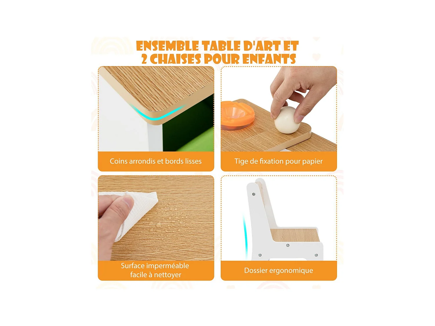 2 en 1 Table à Dessin et 2 Chaises avec Plateau Inclinable, Table d'Activité en Bois avec 6 Boîtes de Rangement Charge 91/75kg, Naturel
