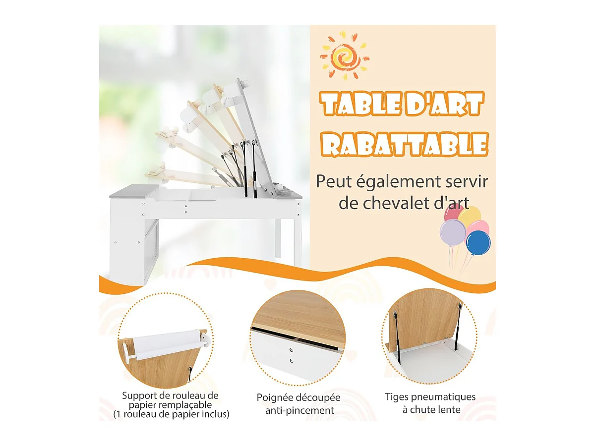 2 en 1 Table à Dessin et 2 Chaises avec Plateau Inclinable, Table d'Activité en Bois avec 6 Boîtes de Rangement Charge 91/75kg, Naturel