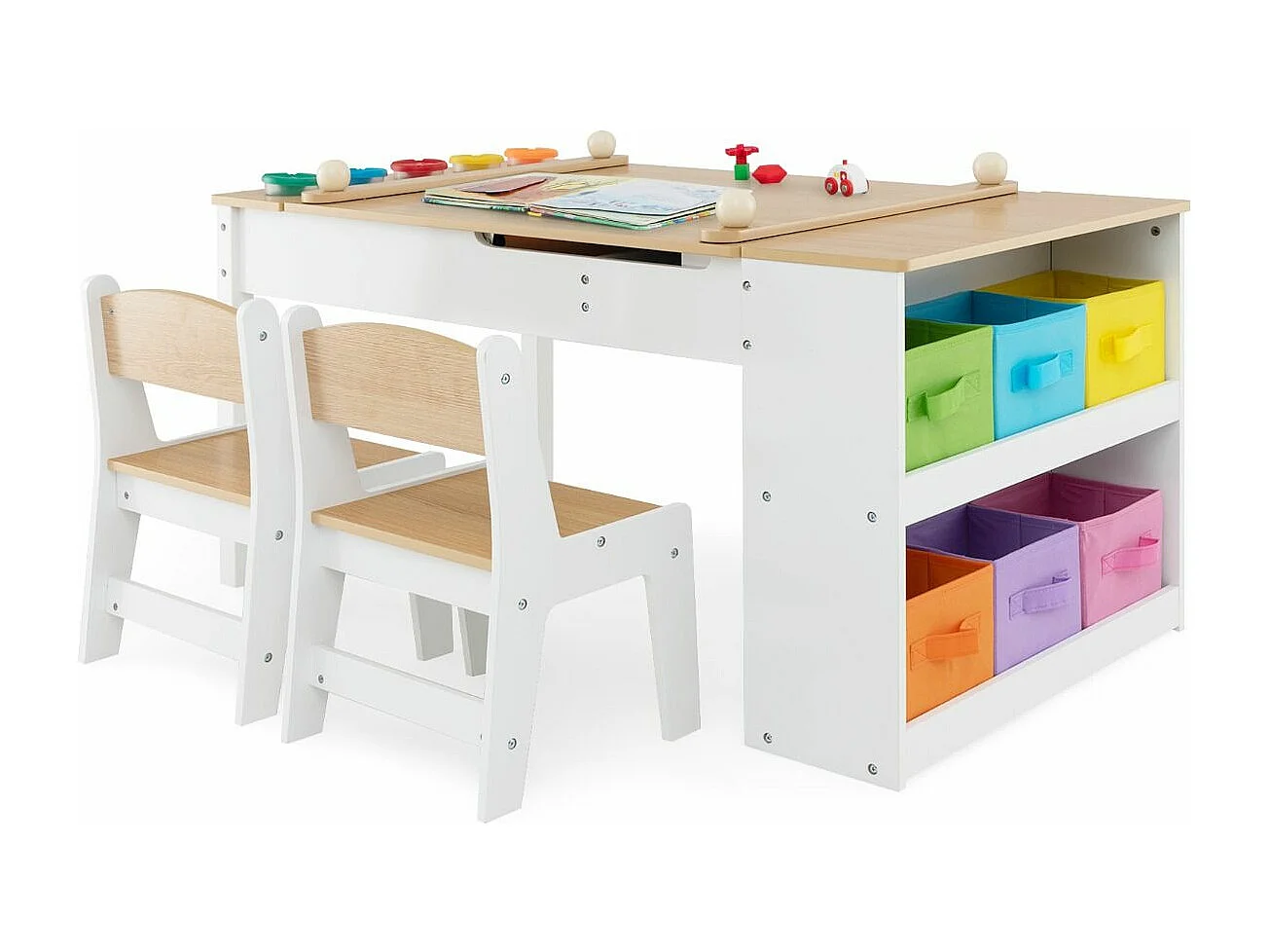 2 en 1 Table à Dessin et 2 Chaises avec Plateau Inclinable, Table d'Activité en Bois avec 6 Boîtes de Rangement Charge 91/75kg, Naturel