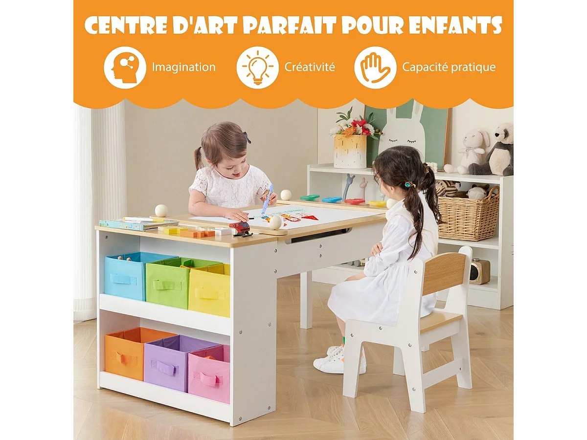 2 en 1 Table à Dessin et 2 Chaises avec Plateau Inclinable, Table d'Activité en Bois avec 6 Boîtes de Rangement Charge 91/75kg, Naturel