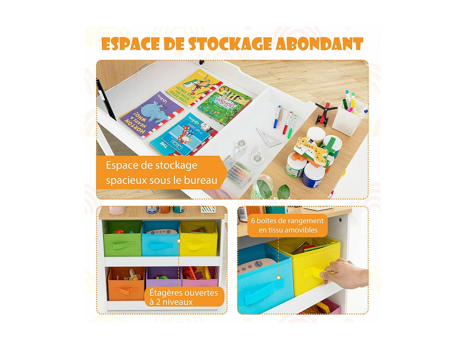 2 en 1 Table à Dessin et 2 Chaises avec Plateau Inclinable, Table d'Activité en Bois avec 6 Boîtes de Rangement Charge 91/75kg, Naturel