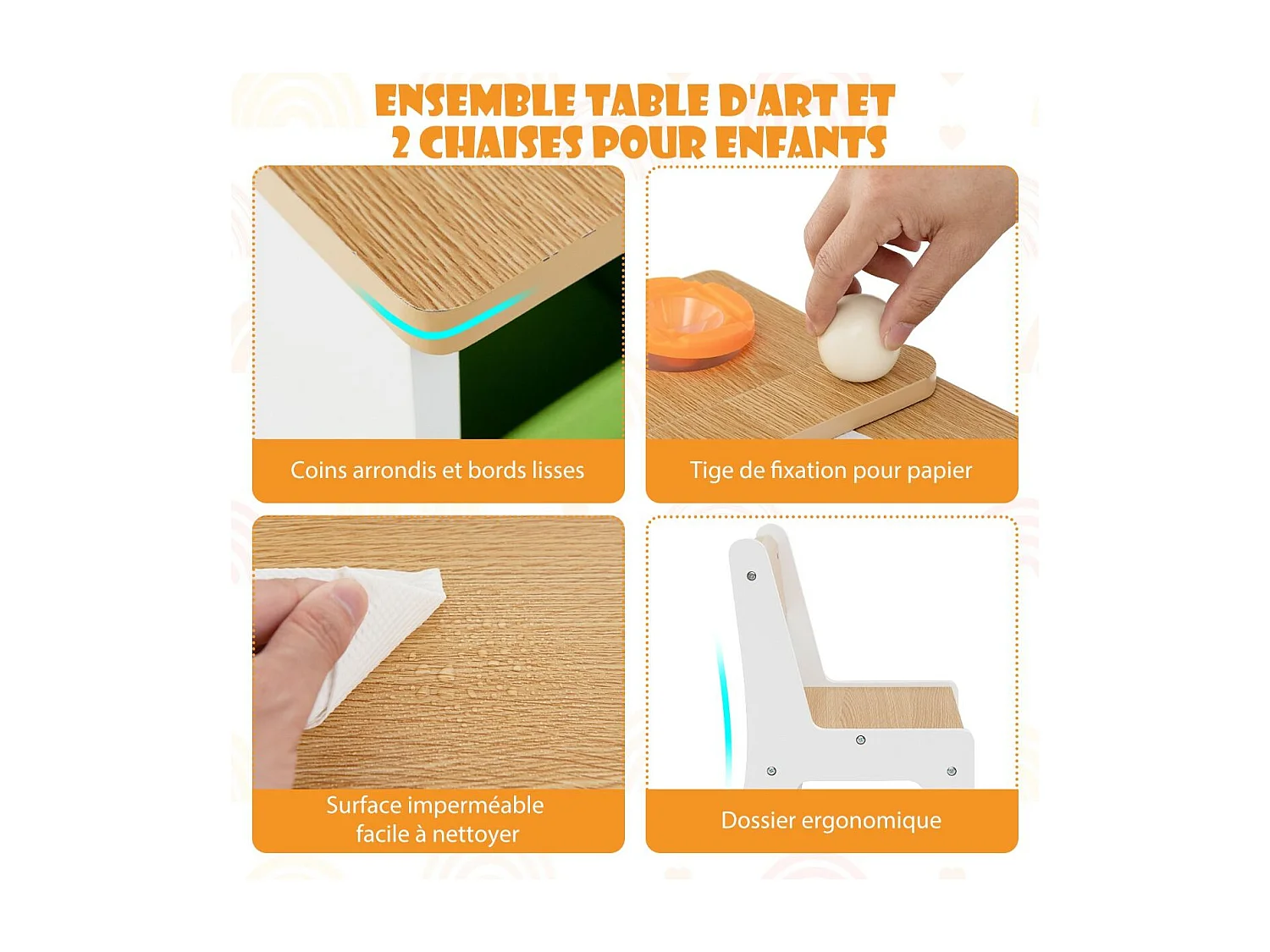 2 en 1 Table à Dessin et 2 Chaises avec Plateau Inclinable, Table d'Activité en Bois avec 6 Boîtes de Rangement Charge 91/75kg, Naturel